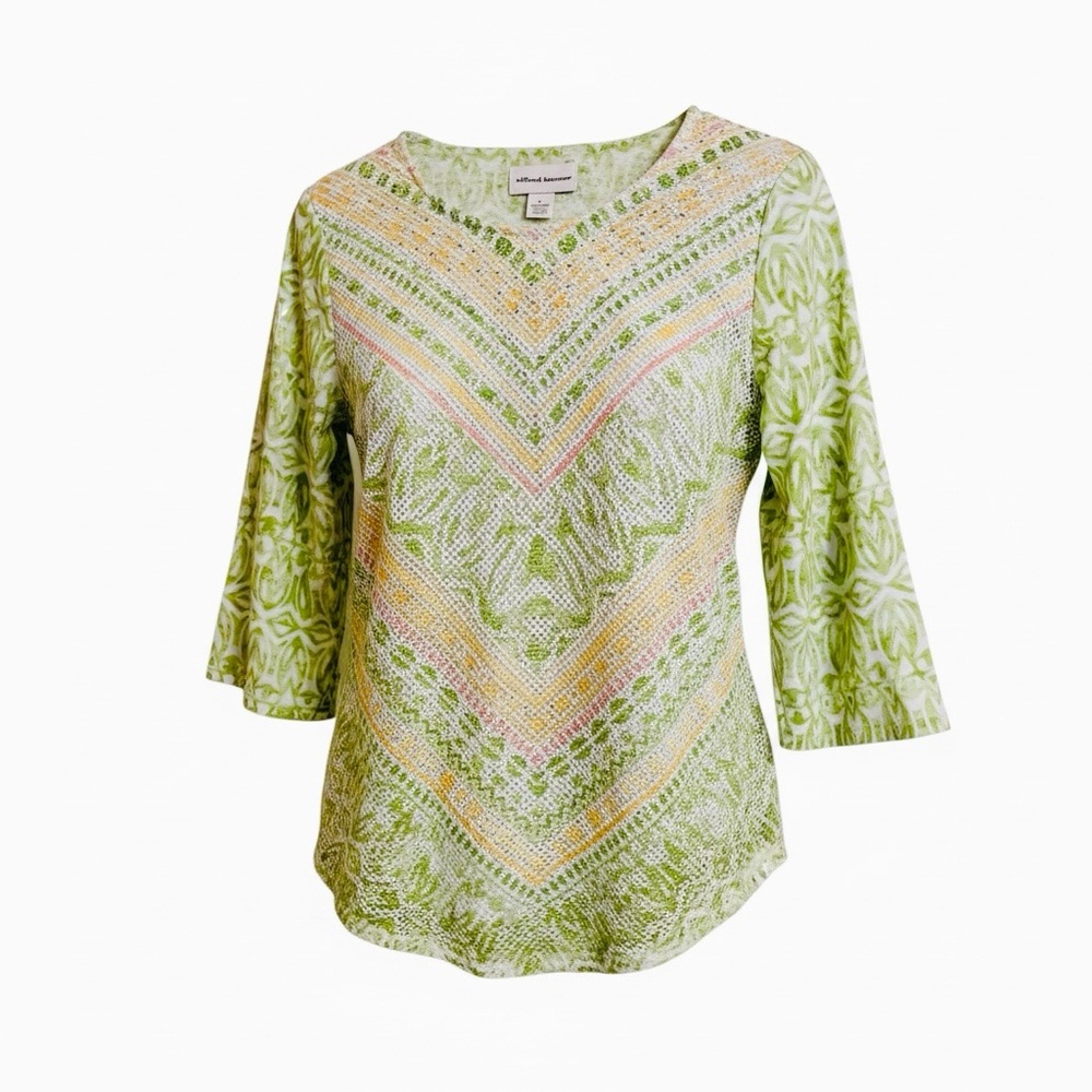 Alfred Dunner Boho Print Top Large Stud Embellished Mesh Net Overlay 3/4 Sleeve